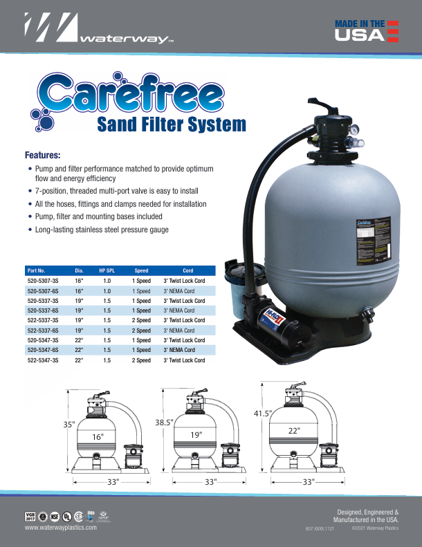 Waterway Carefree 16" Sand Filter w/ Hi-Flo II 1.0 HP Pump 520-5307-6S